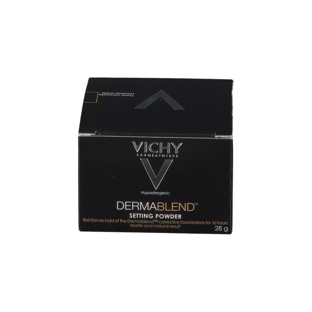 Vichy Dermablend fixing poeder doos. Zwarte doos, witte tekst. Vichy en Dermablend logo.