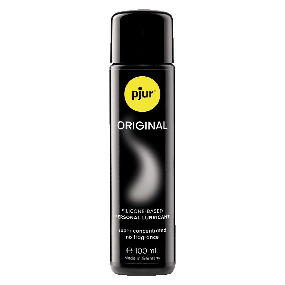 Zwarte fles met geel logo. Opschrift: pjur ORIGINAL. Tekst: Silicone-Based Personal Lubricant. 100ml.