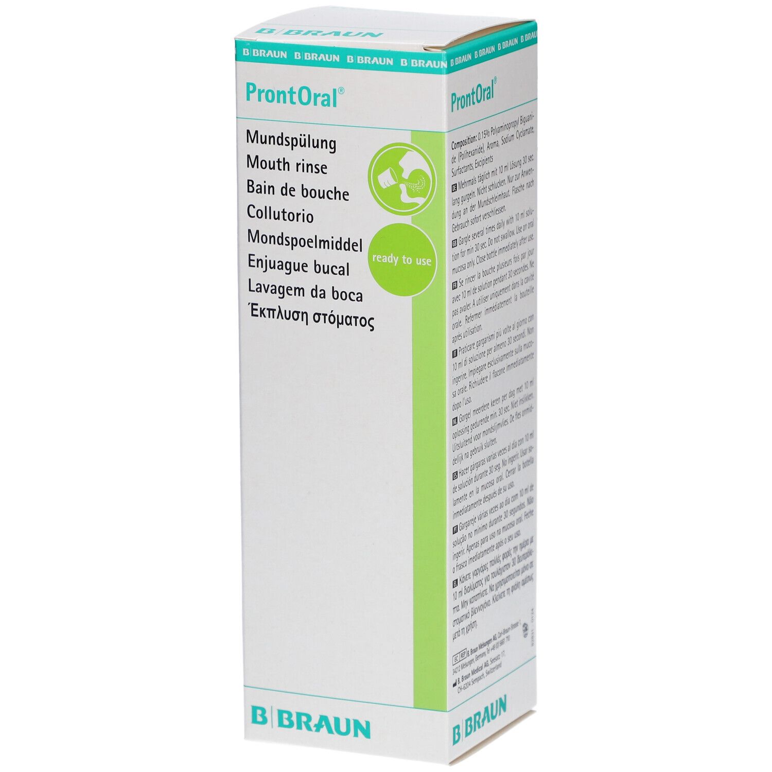 Emballage de bain de bouche ProntOral®. Blanc, vert et bleu. Inscriptions multilingues. Logo B. Braun.