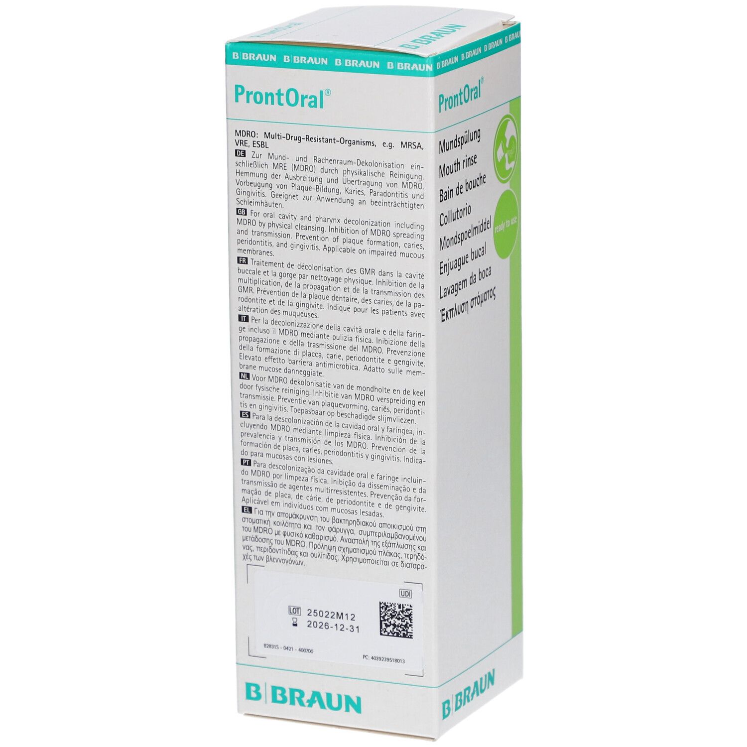 Dos de l'emballage de bain de bouche ProntOral®. Texte multilingue. Logo B. Braun et code QR.