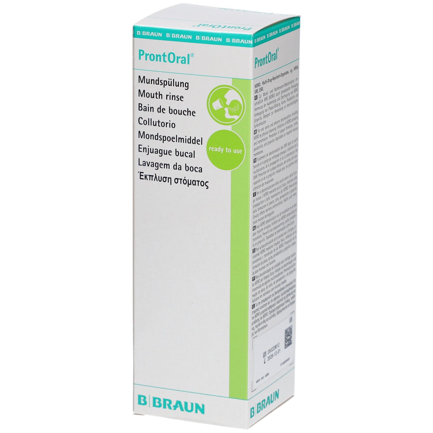 Emballage de bain de bouche ProntOral®. Blanc, vert et bleu. Inscriptions multilingues. Logo B. Braun.