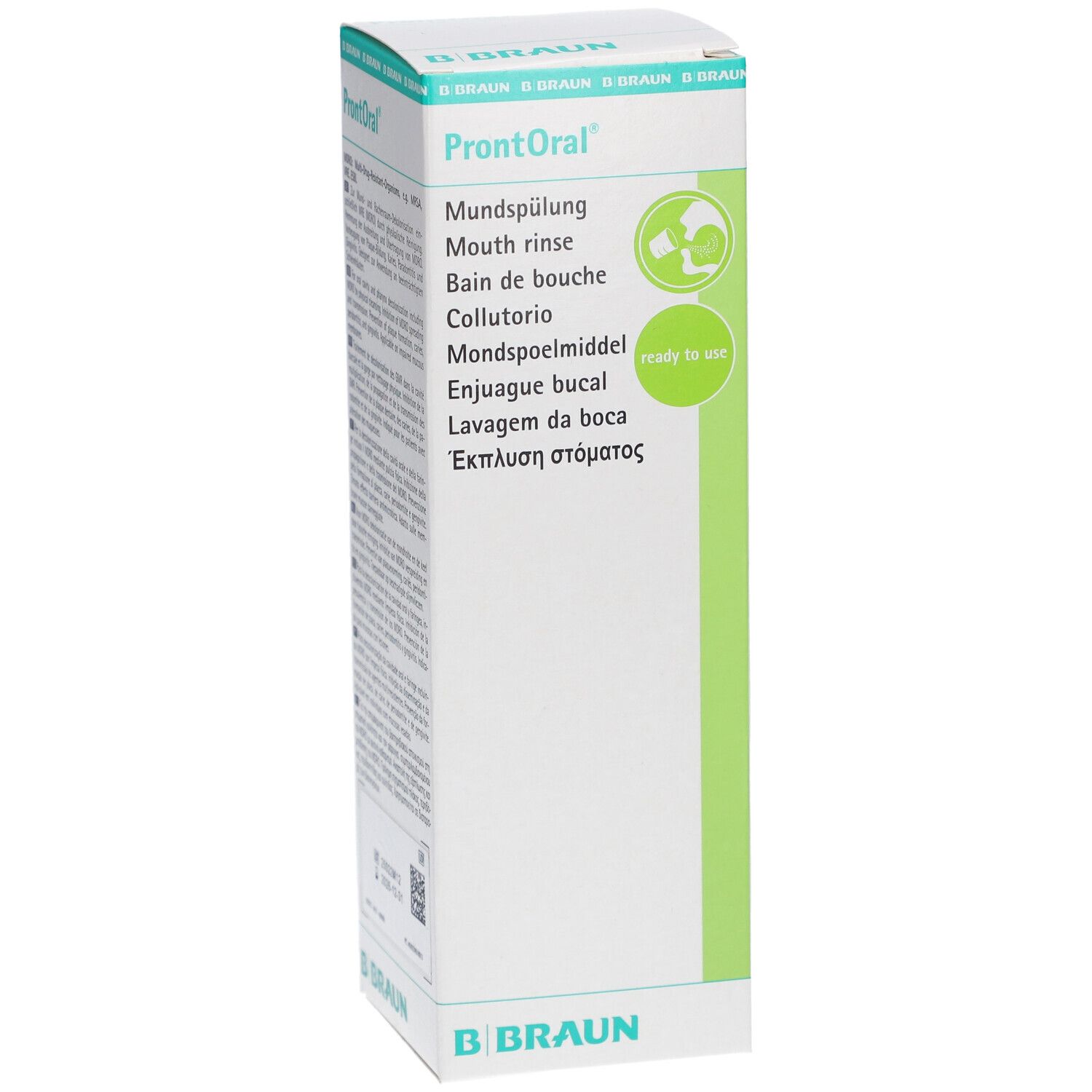 Emballage de bain de bouche ProntOral®. Blanc, vert et bleu. Inscriptions multilingues. Logo B. Braun.