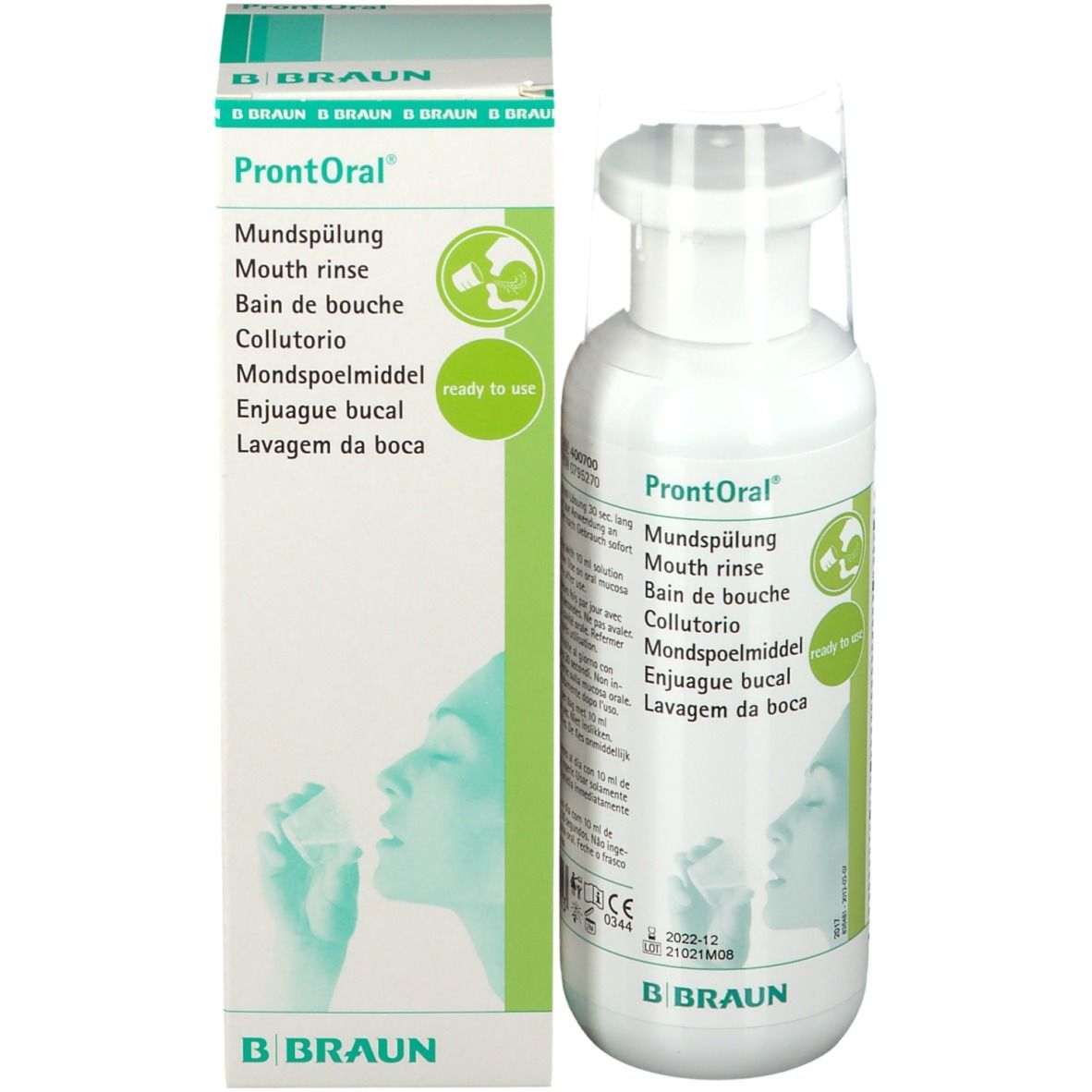 Emballage de bain de bouche ProntOral® avec flacon. Flacon de bain de bouche. Logo B. Braun.