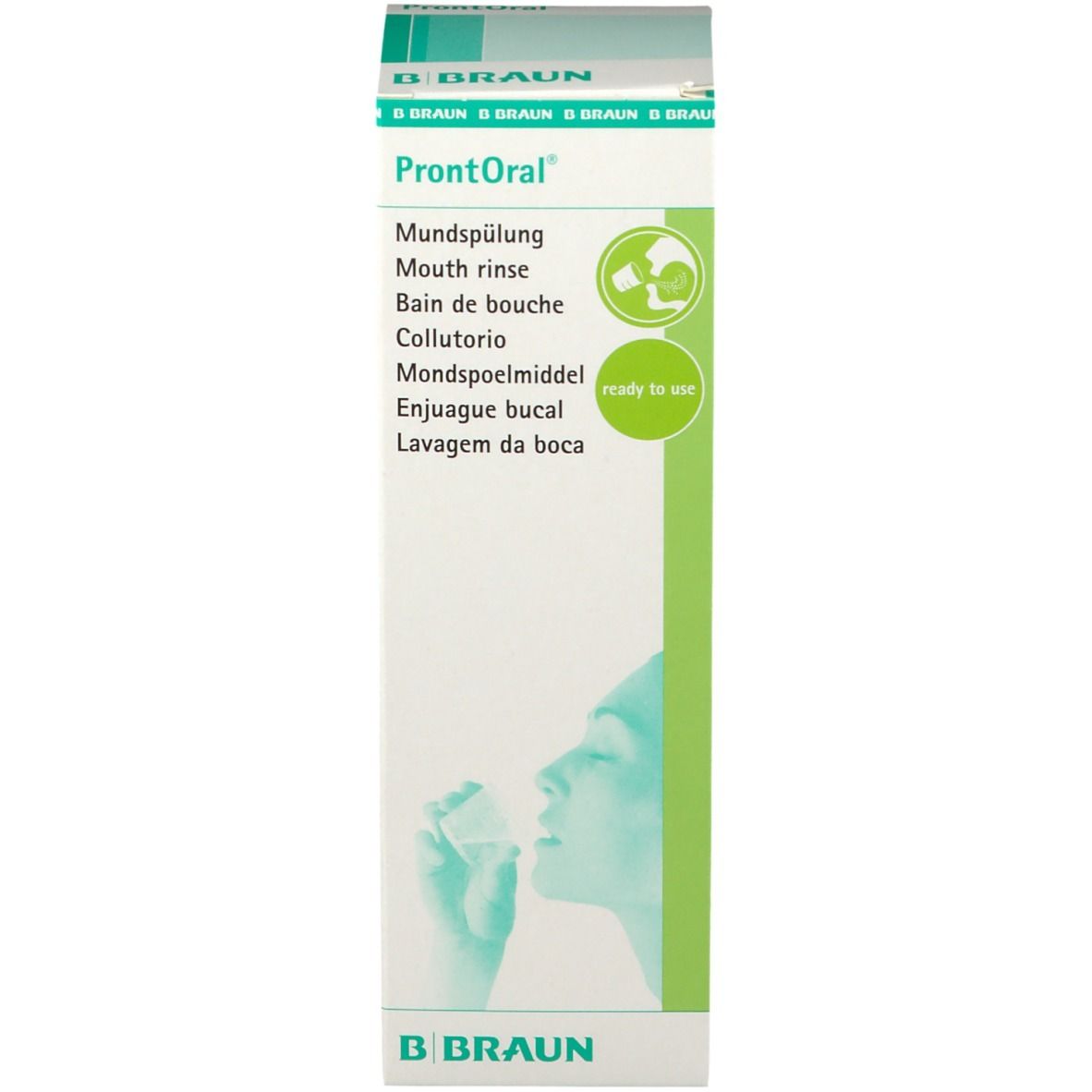 Emballage de bain de bouche ProntOral®. Femme tenant un coton. Logo B. Braun.