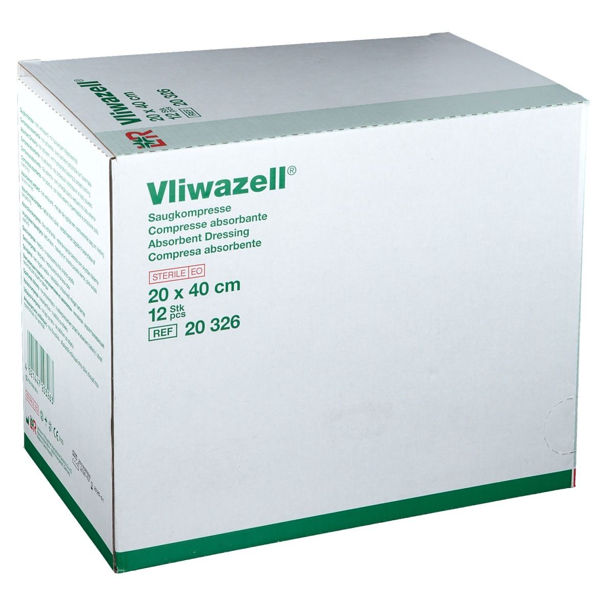 Boîte de compresses absorbantes Vliwazell. Dimensions 20 x 40 cm, stériles. 12 pièces. Réf. 20 326.