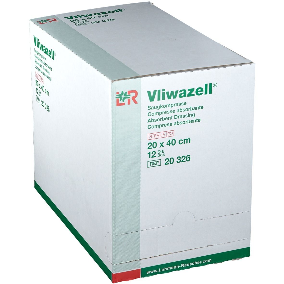 Boîte de compresses absorbantes Vliwazell. 20 x 40 cm, stériles. 12 pièces. Réf. 20 326. Logo Lohmann & Rauscher.