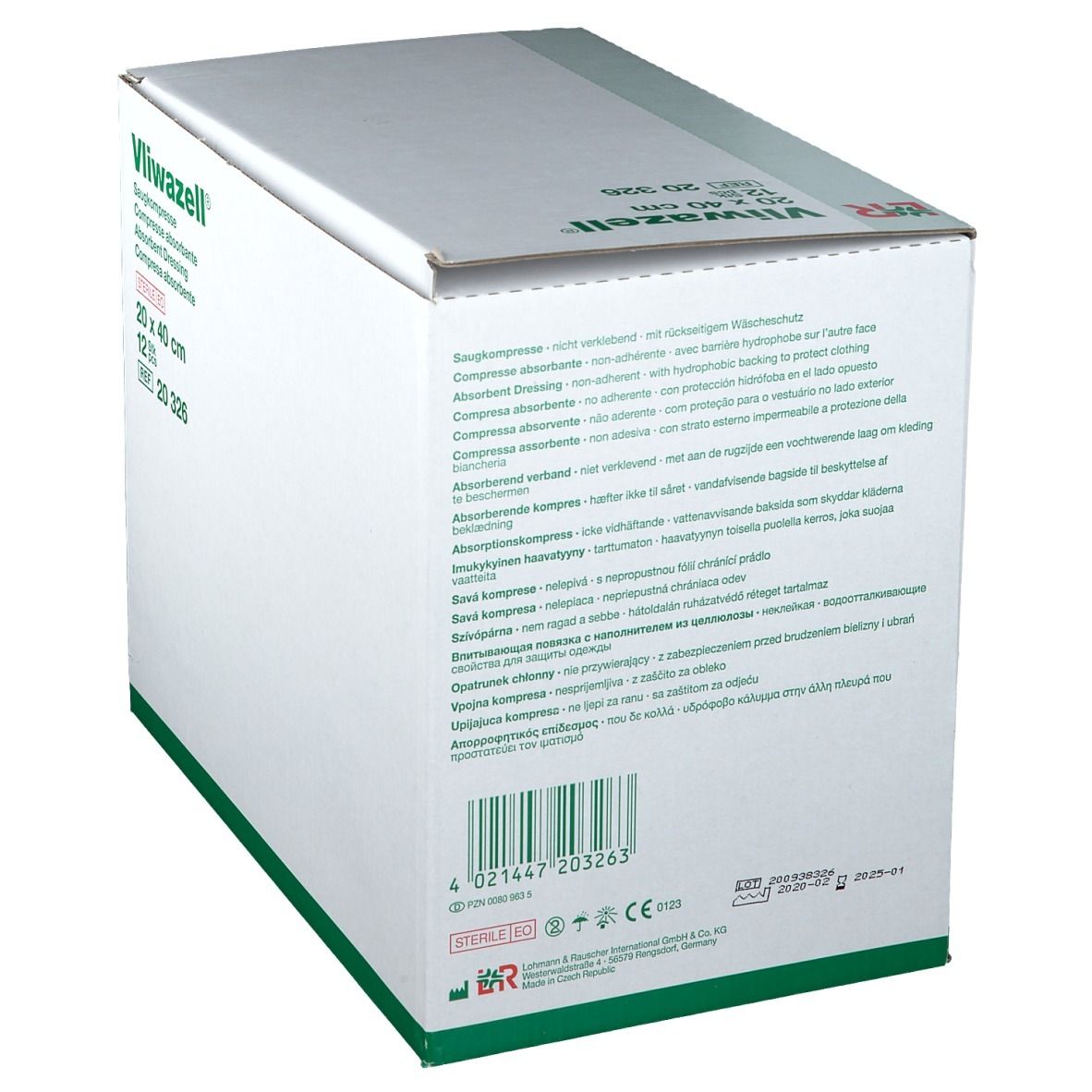 Dos de la boîte de compresses Vliwazell. Texte multilingue, code-barres, réf. 20 326.