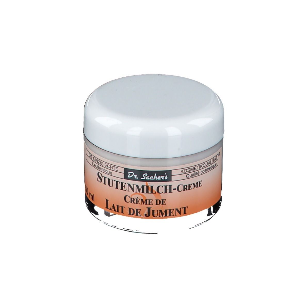 Pot de crème avec couvercle blanc. Inscription: Dr. Sacher's Stutenmilch-Creme. Crème de Lait de Jument.