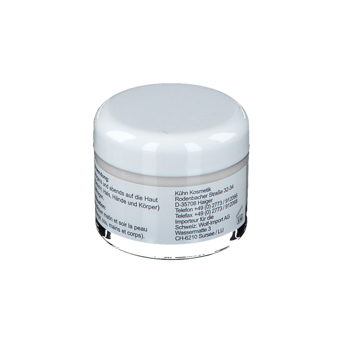 Pot de crème avec couvercle blanc. Inscription: Kühn Kosmetik. Informations sur l'utilisation et le fabricant.