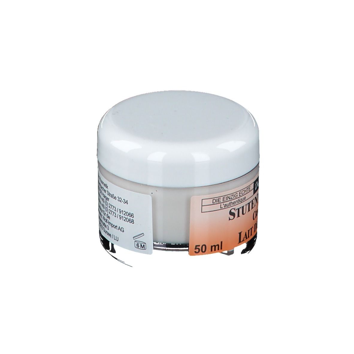 Pot de crème avec couvercle blanc. Inscription: Stutenmilch-Creme. Crème de Lait de Jument. 50 ml.