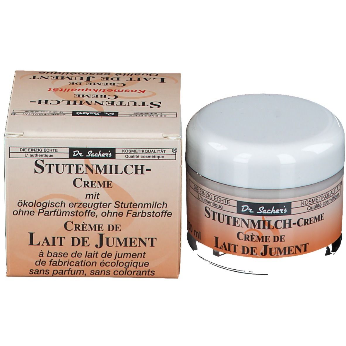Pot de crème et carton. Inscription: Dr. Sacher's Stutenmilch-Creme. Crème de Lait de Jument. Sans parfum.
