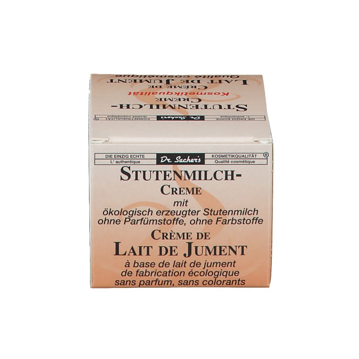 Boîte en carton. Inscription: Dr. Sacher's Stutenmilch-Creme. Crème de Lait de Jument. Sans parfum, sans colorants.