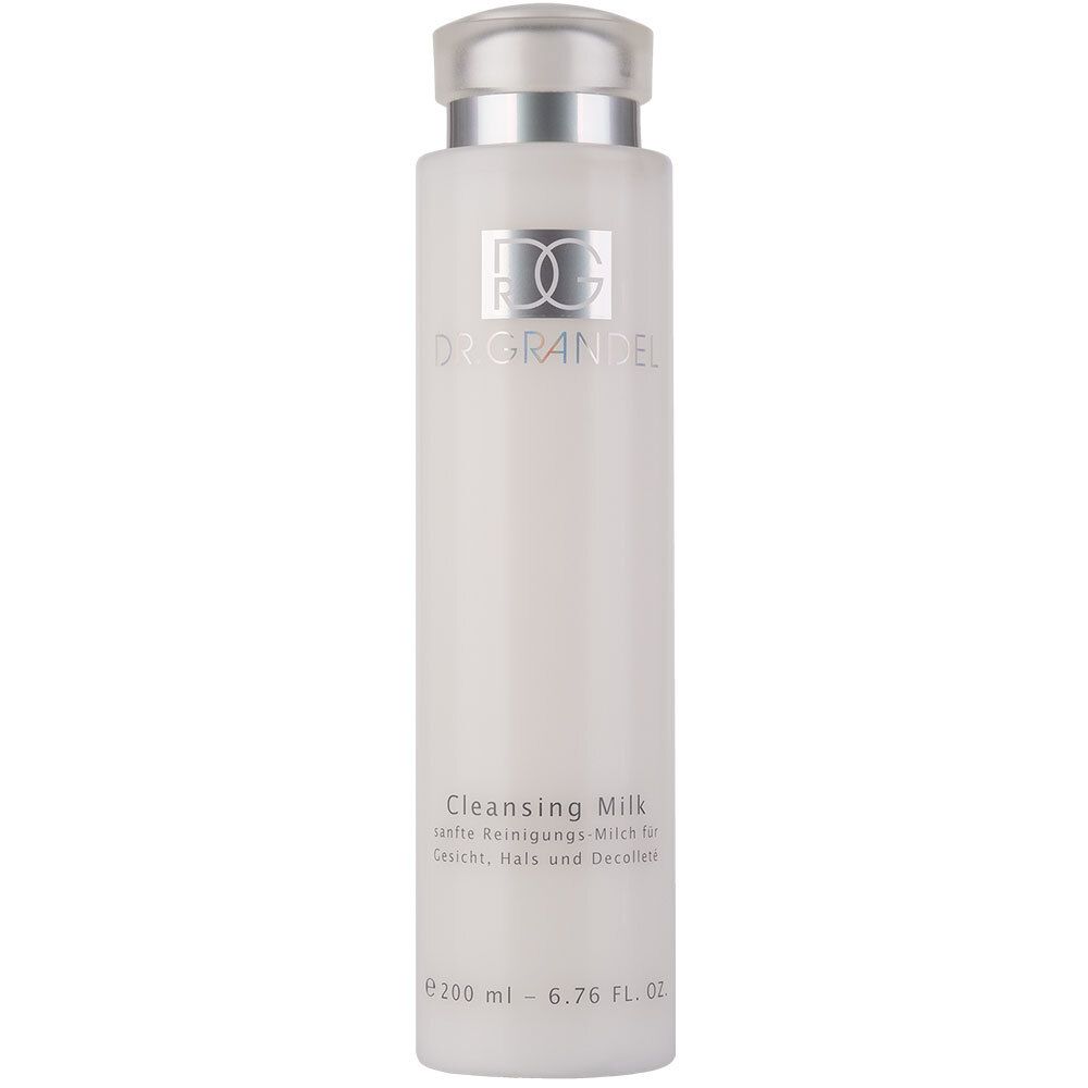 Flacon blanc avec bouchon argenté. Inscription : DR. GRANDEL, Cleansing Milk. Volume : 200 ml.