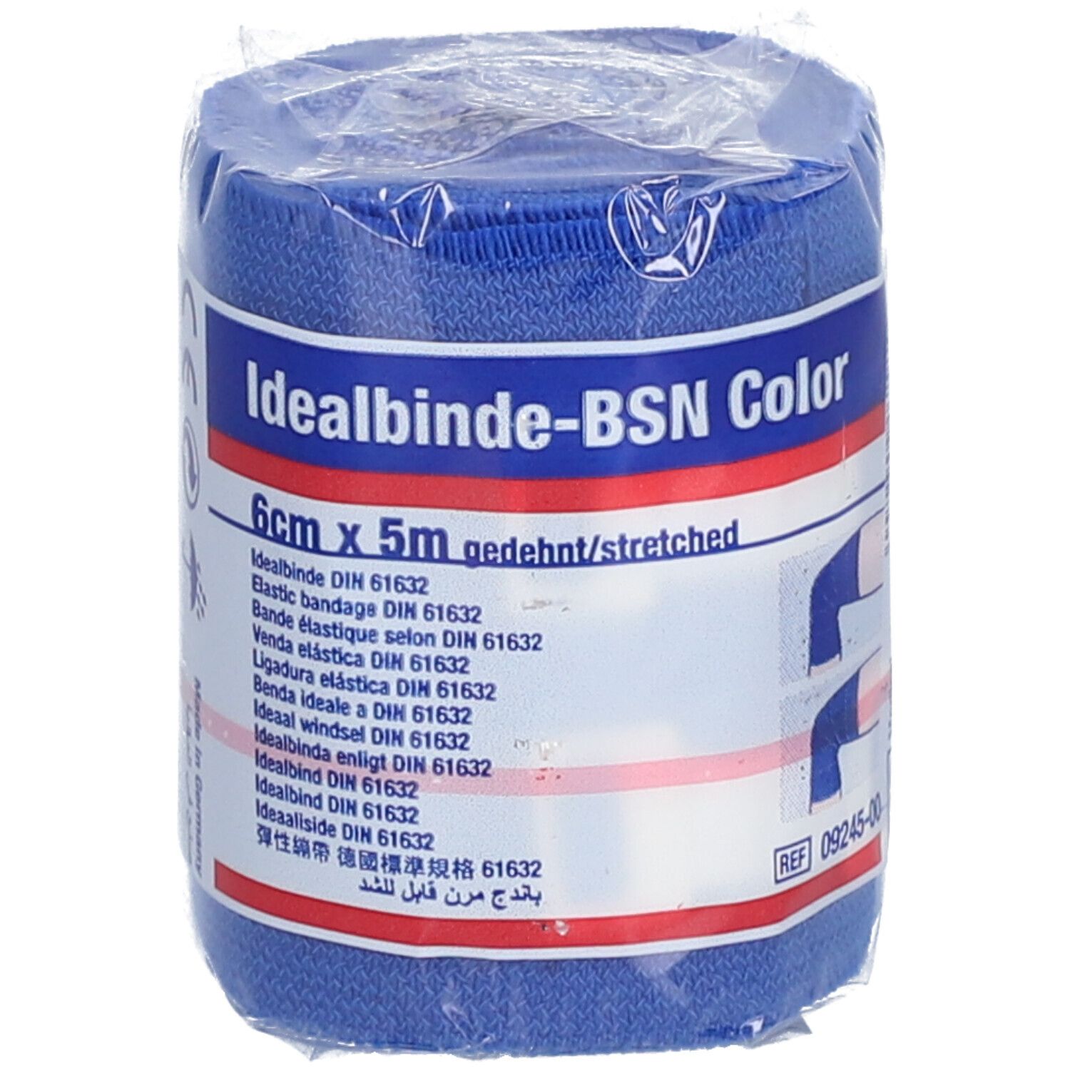 Bandage bleue Idealbinde-BSN Color, 6cm x 5m, emballée en cellophane. Inscription: DIN 61632.