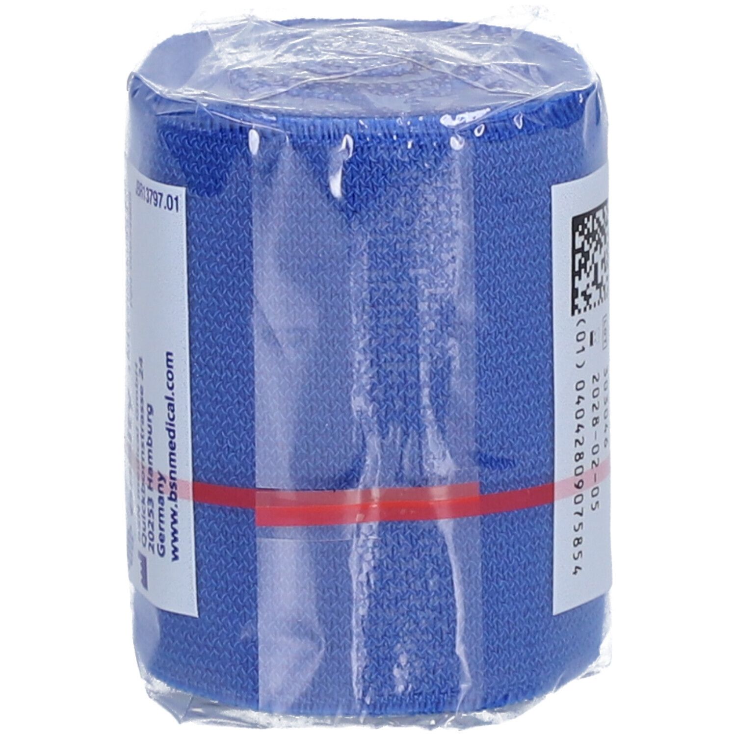Bandage bleu Idealbinde-BSN Color, 6cm x 5m, emballé en cellophane. Avec adresse du fabricant et numéro de lot.