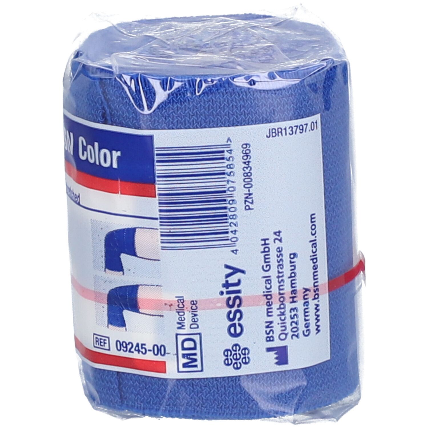 Bandage bleu Idealbinde-BSN Color, 6cm x 5m, emballé en cellophane. Avec adresse du fabricant et numéro REF.