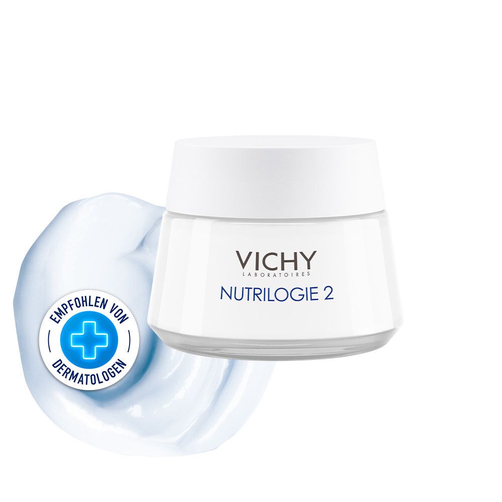 Crèmepot met witte deksel. Op de pot staat "VICHY Nutrilogie 2". Daaronder een klodder crème en een logo.