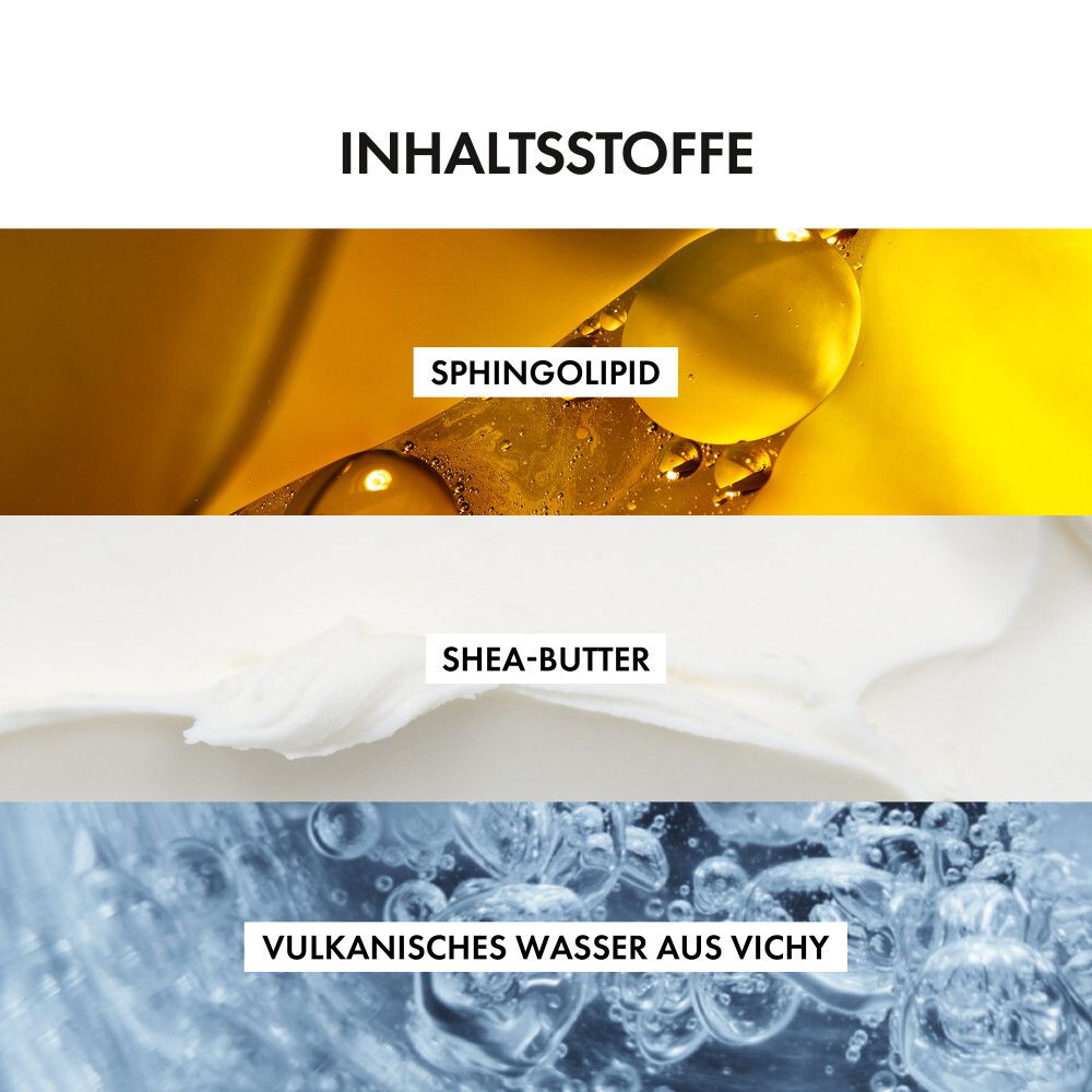 Close-up van ingrediënten. Sfingolipide, sheaboter en vulkanisch water van Vichy.