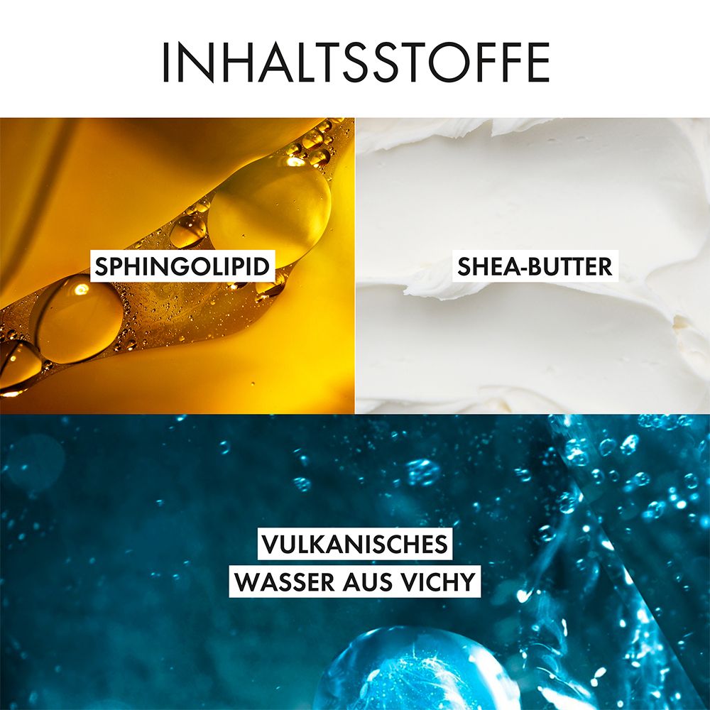 Close-up van ingrediënten. Sfingolipide, sheaboter en vulkanisch water van Vichy.