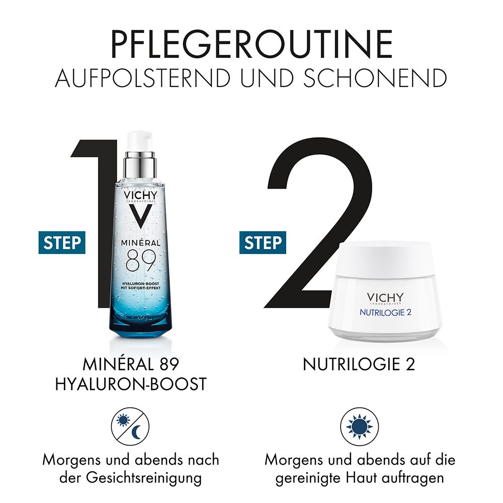 Verzorgingsroutine. Stap 1: Minéral 89 Hyaluron-Boost. Stap 2: Nutrilogie 2. Gebruik: 's Ochtends en 's avonds.
