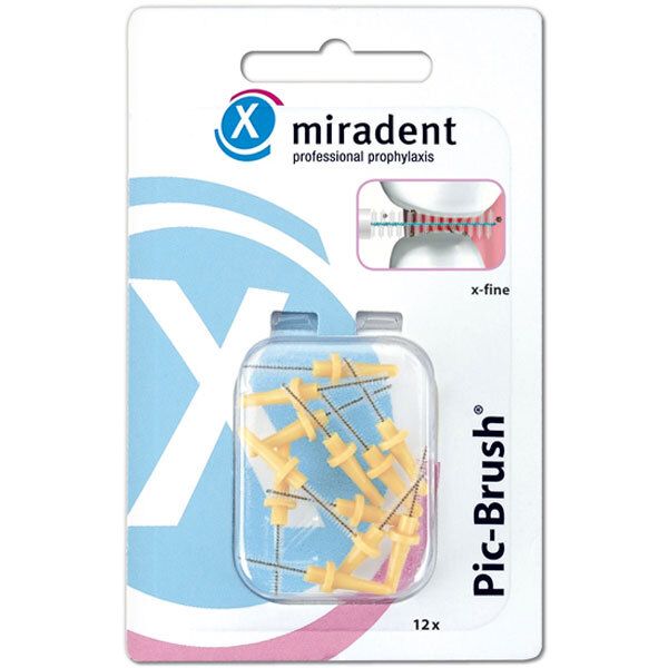 Verpakking met gele tandenstokers. Merk: miradent Pic-Brush, x-fine. 12 stuks in een transparante plastic verpakking.