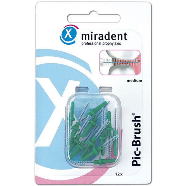 Verpakking met groene tandenstokers. Merk miradent, Pic-Brush. Medium, 2,2 mm. 12 stuks. Plastic verpakking met venster.