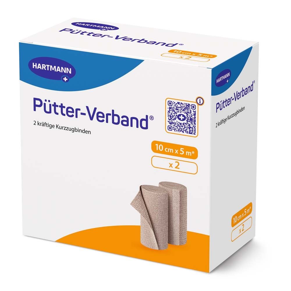 Boîte de Hartmann Pütter-Verband®. Contient deux bandages courts, 10 cm x 5 m. Marque et nom du produit visibles.