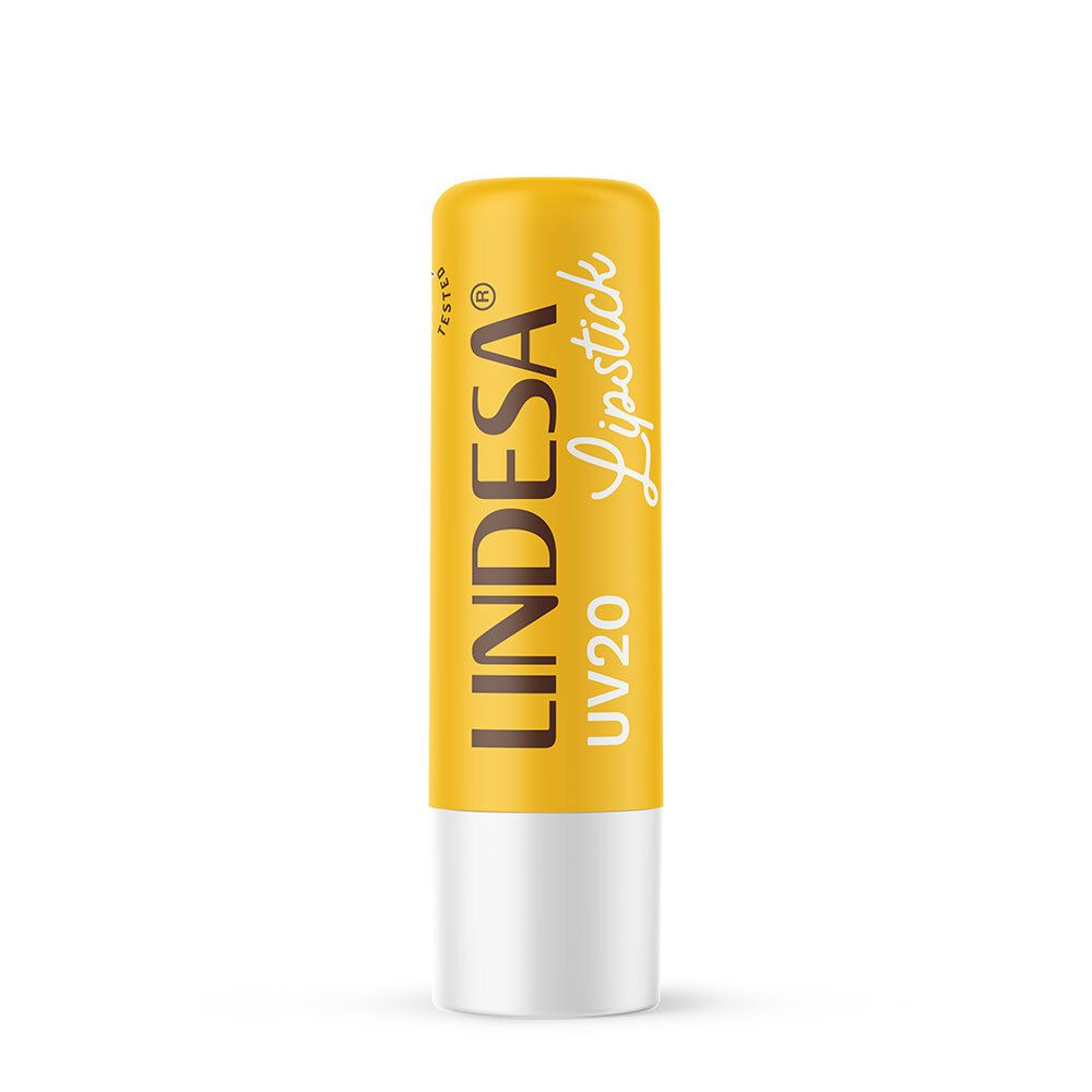 Stick à lèvres jaune et base blanche. Inscription : LINDESA Lipstick UV20.