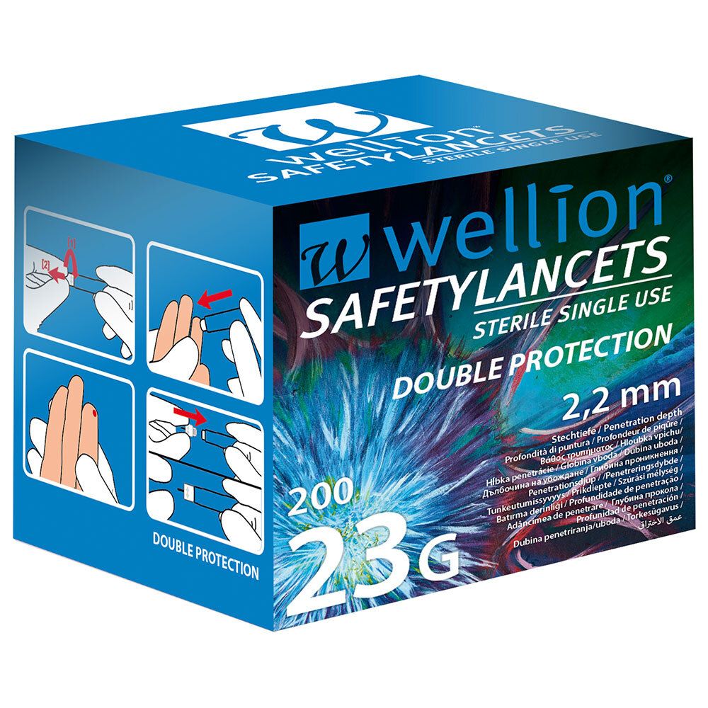 Boîte bleue et blanche de lancettes de sécurité. Inscription : Wellion Safety Lancets, 2,2 mm, 23G, 200 pièces. Illustrations d'utilisation.