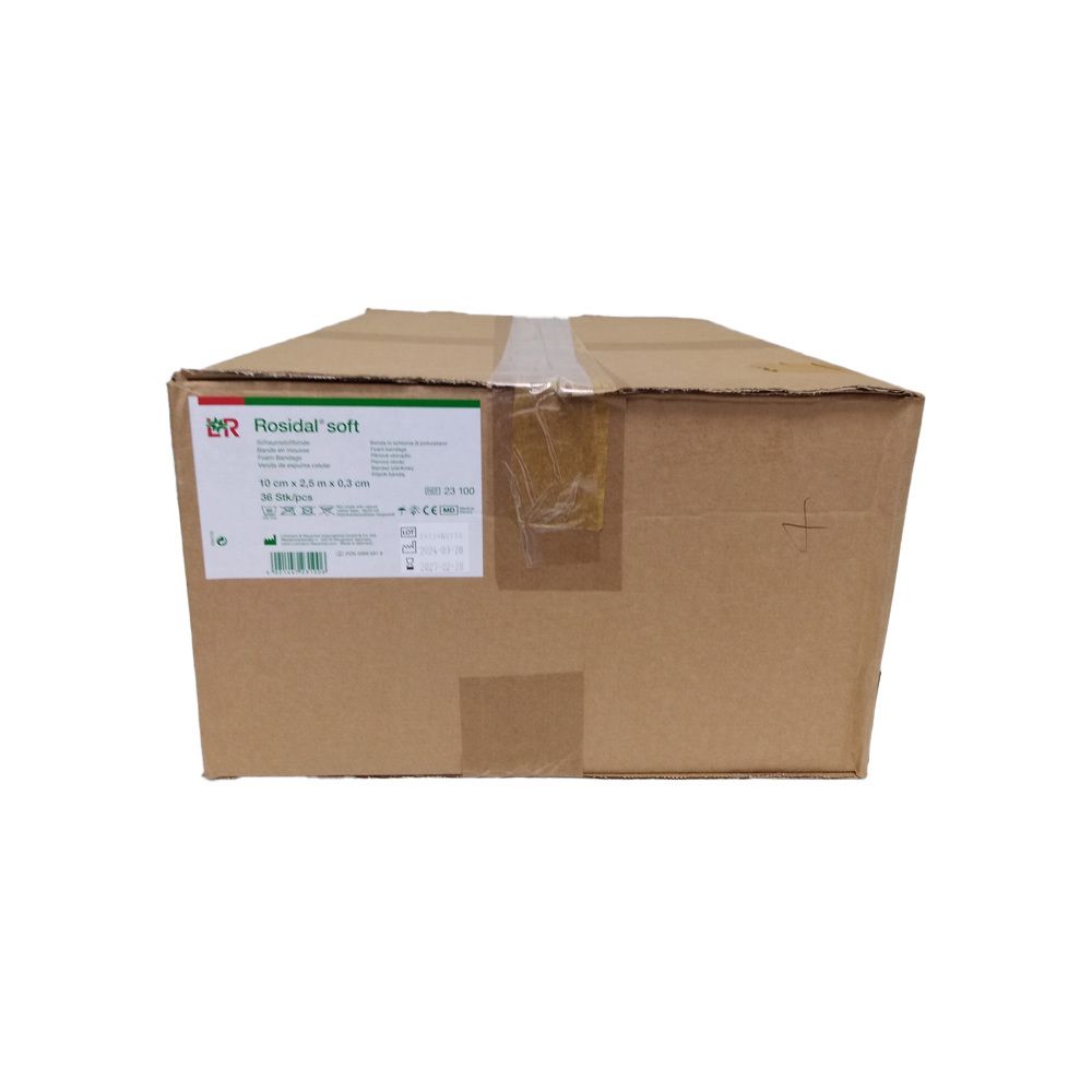 Boîte en carton avec étiquette Rosidal soft. Dimensions, numéro de lot et code-barres visibles.