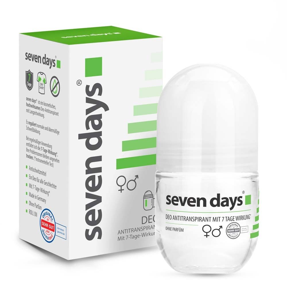 Deo roller en verpakking van seven days®. Witte roll-on fles en groene verpakking met logo.