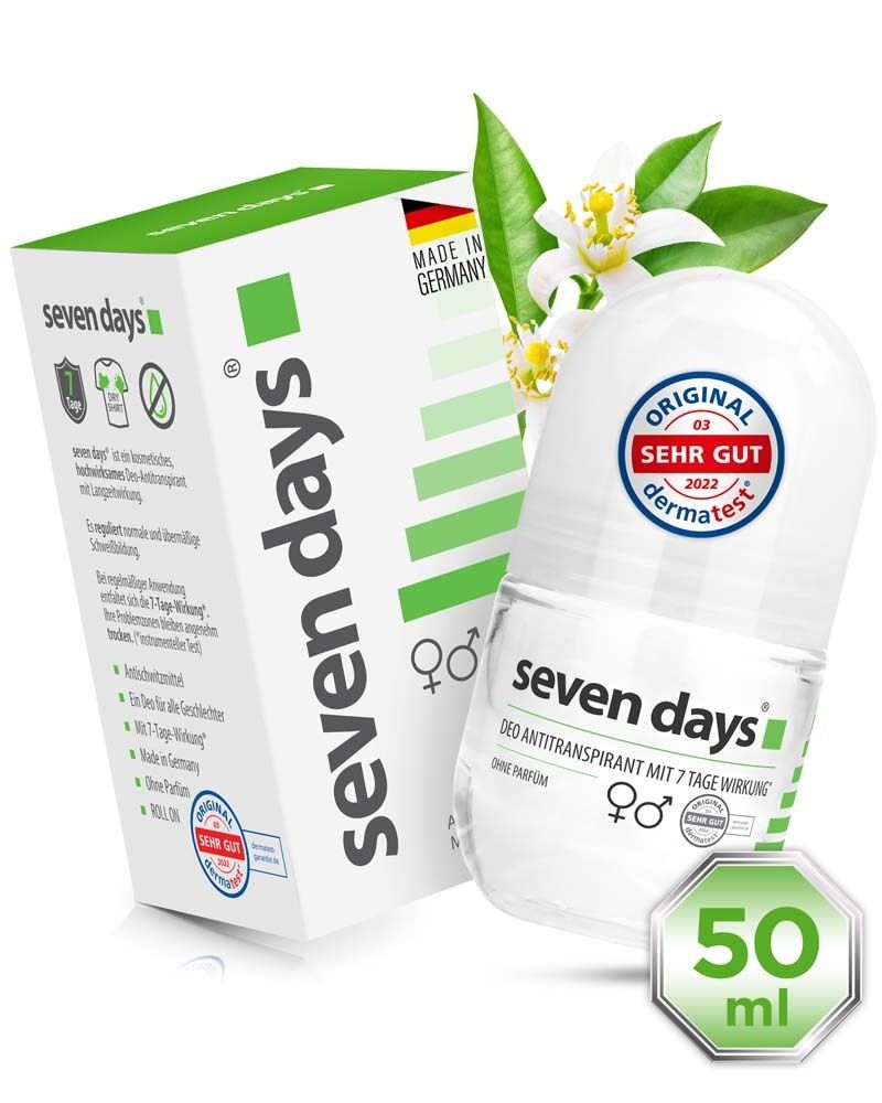 Deo roller en verpakking van seven days®. Witte roll-on fles, groene verpakking. Dermatest zegel.