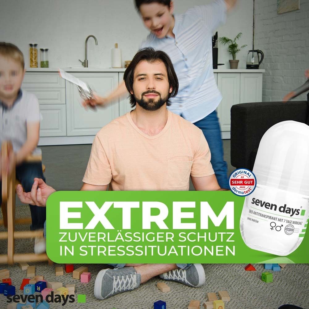 Man zit te midden van spelende kinderen. Roll-on van seven days®. Tekst: Extreem betrouwbare bescherming in stresssituaties.