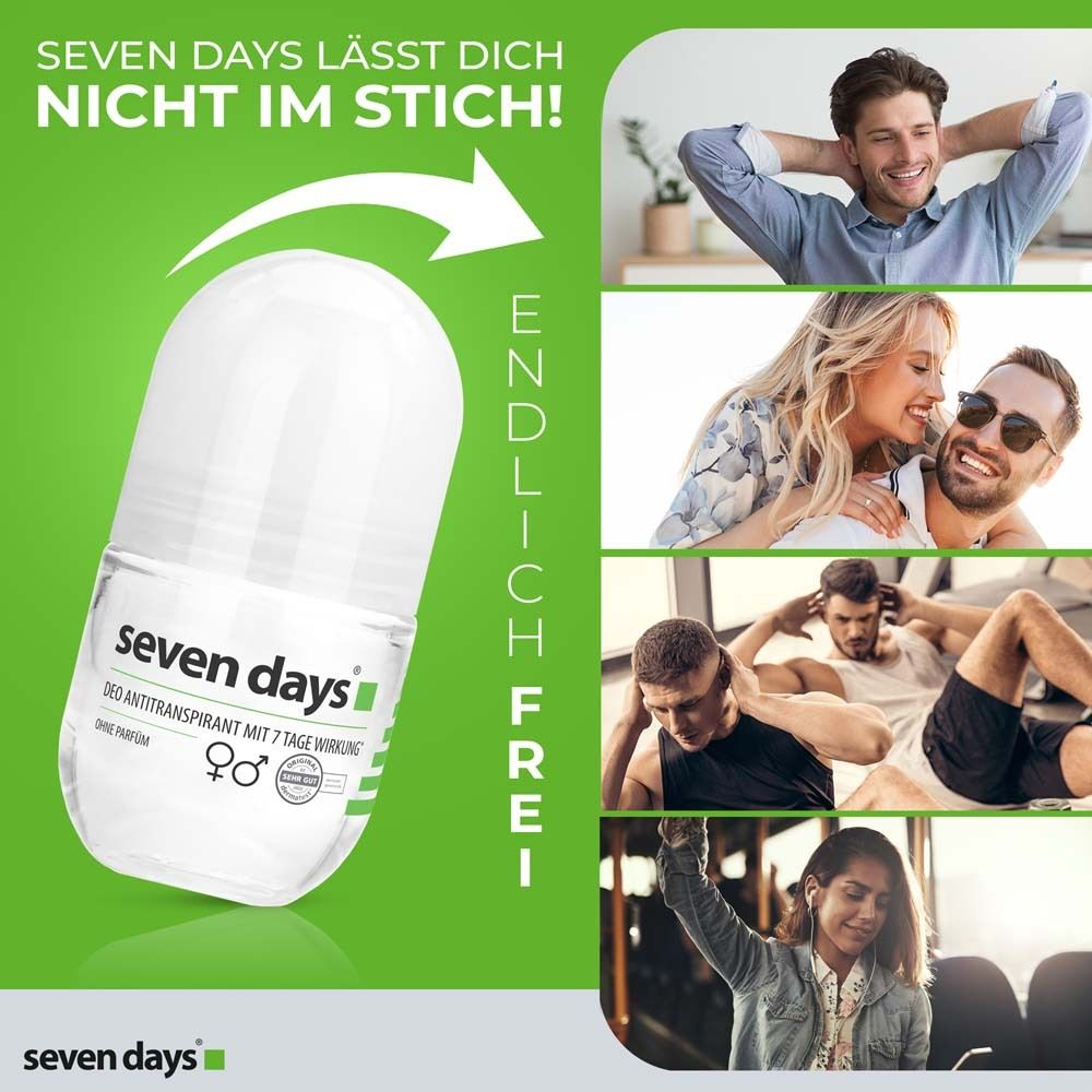 Roll-on van seven days®. Beelden van koppels, atleten en een vrouw. Tekst: Eindelijk vrij.
