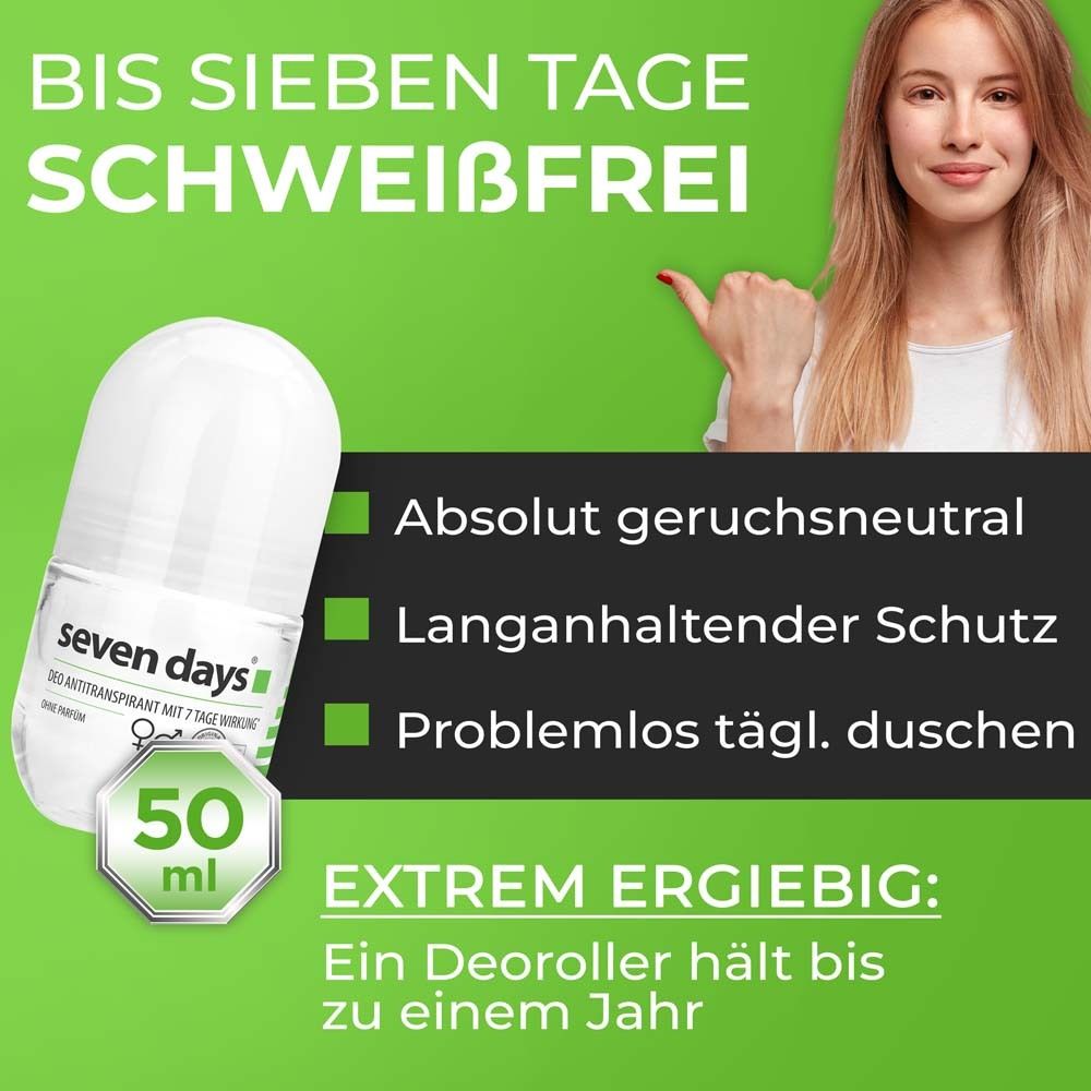 Roll-on van seven days®. Tekst: Tot zeven dagen zweetvrij. 50 ml. Tekst: Extreem zuinig: een deoroller gaat tot een jaar mee.