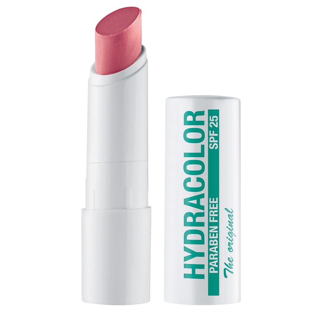 Stick de soin des lèvres rose et blanc. Le tube porte l'inscription HYDRACOLOR, PARABEN FREE, SPF 25.