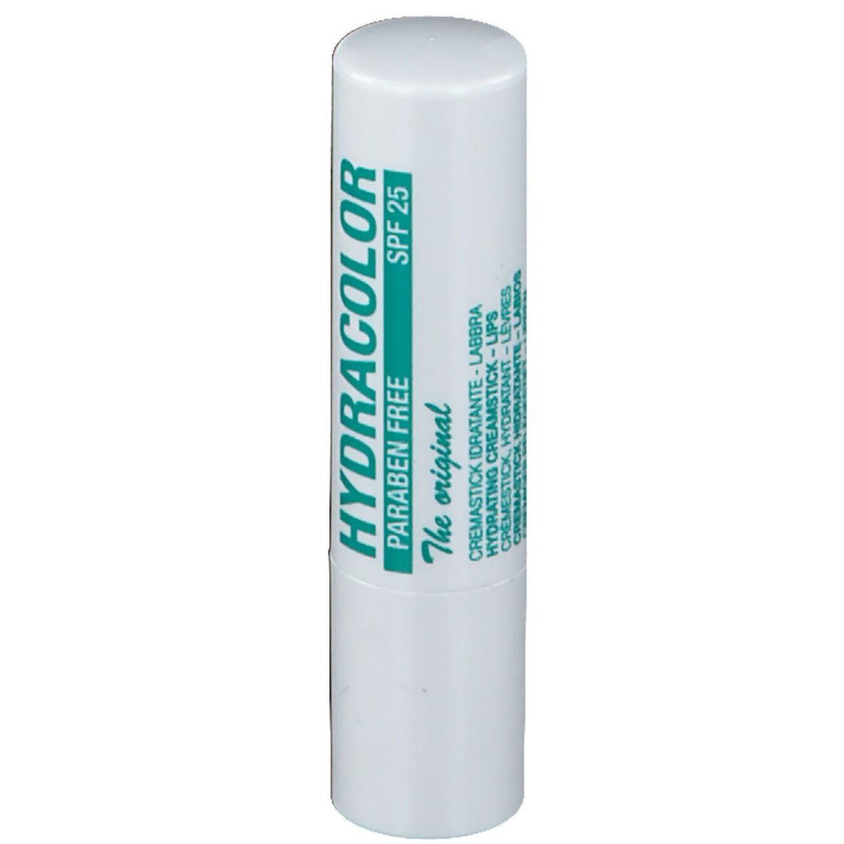 Stick à lèvres blanc avec texte vert. Inscription: HYDRACOLOR, PARABEN FREE, SPF 25. Texte en plusieurs langues.