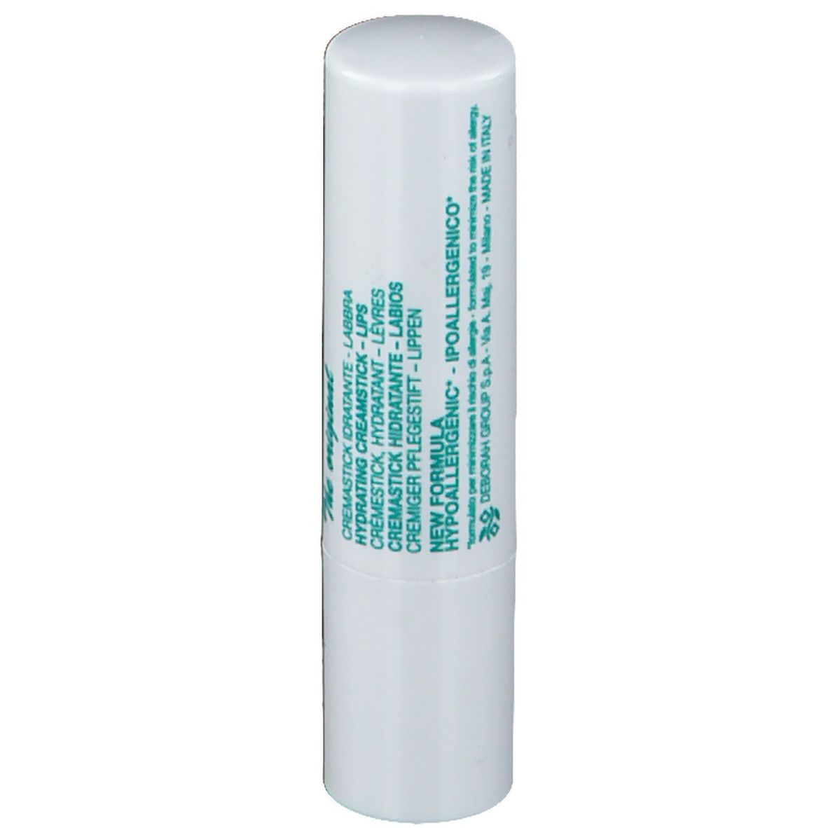 Stick à lèvres blanc avec texte vert. Texte multilingue, dont 'CREMESTICK IDRATANTE - LABBRA'.