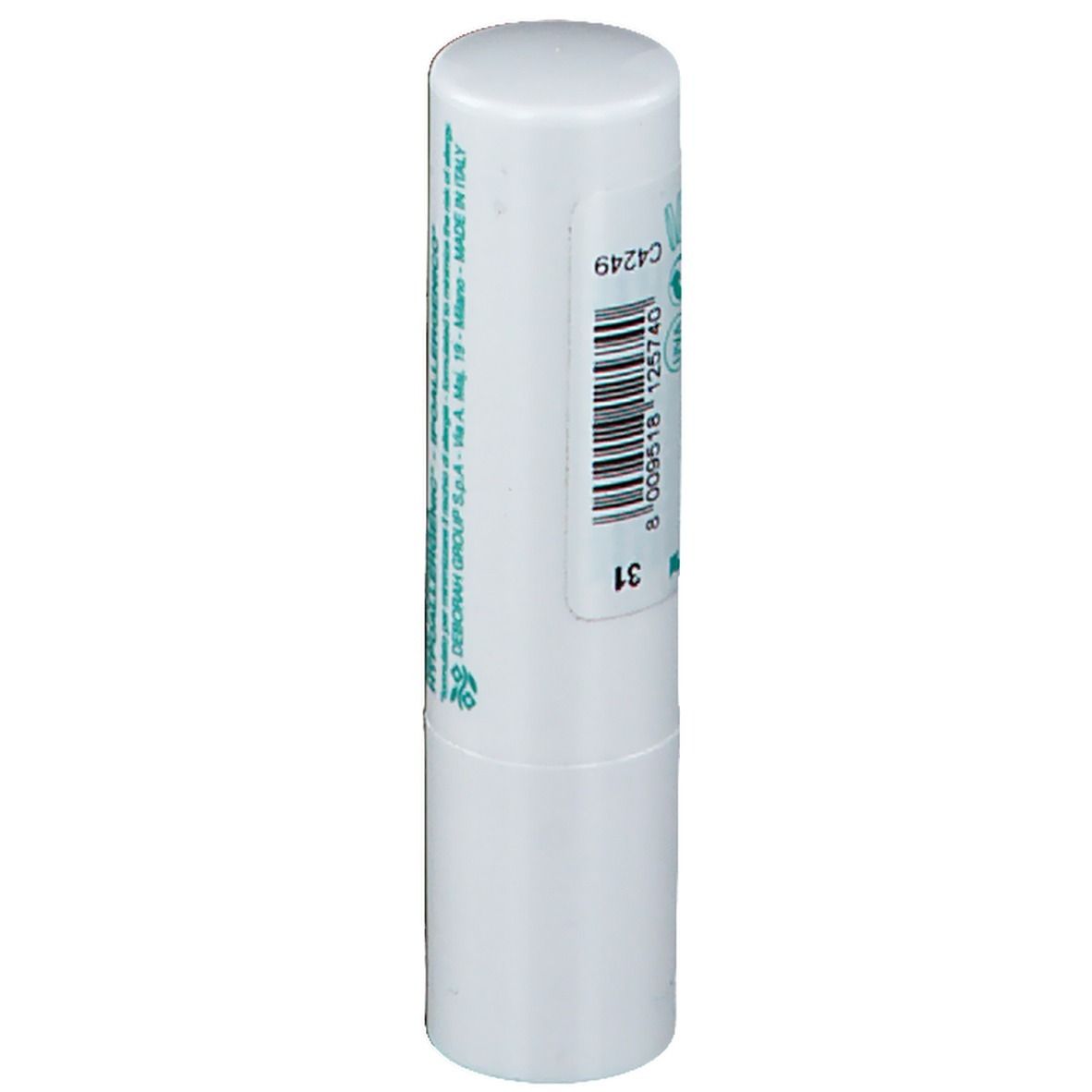 Stick à lèvres blanc avec code-barres et texte vert. Inscription: 31. Texte multilingue.