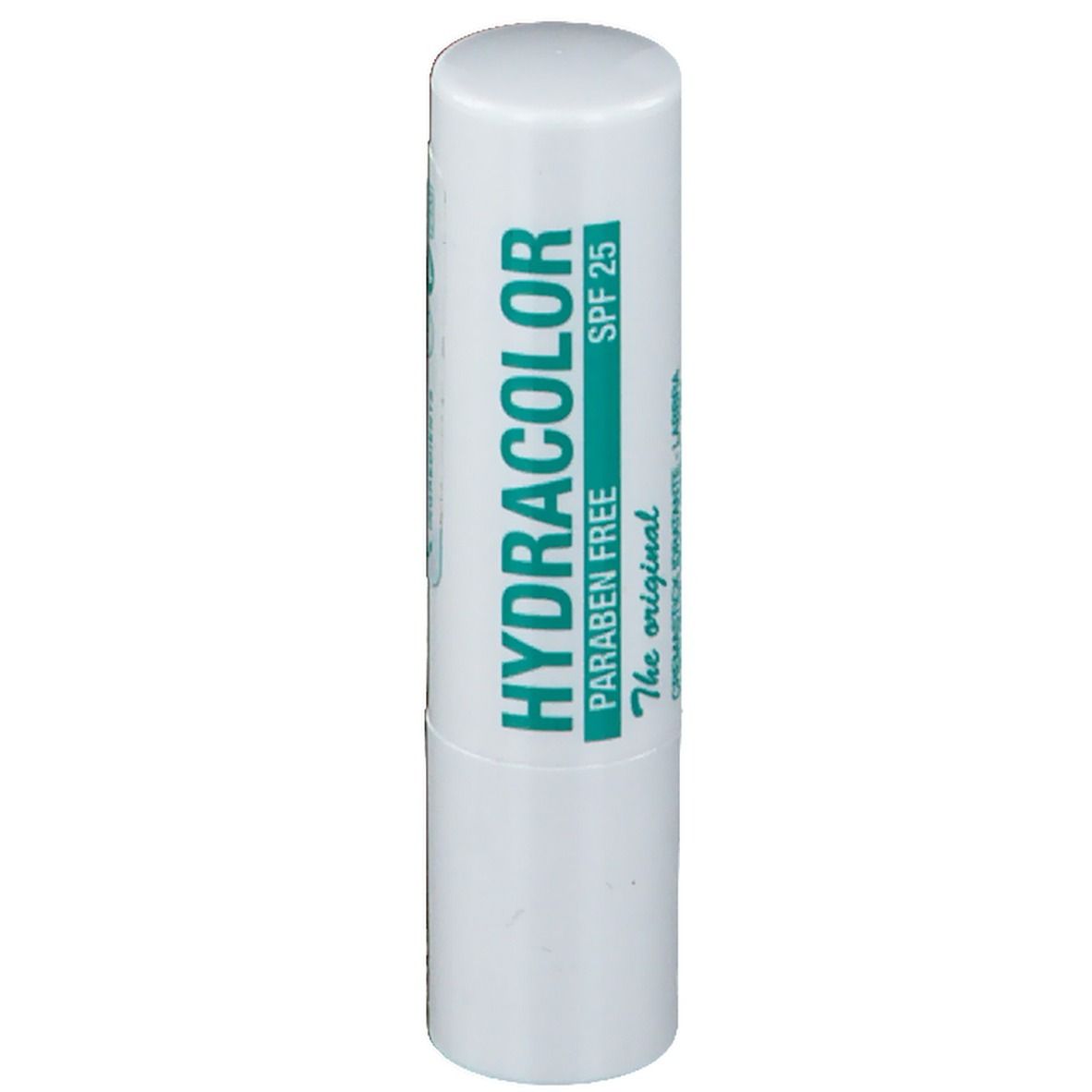 Stick à lèvres blanc avec texte vert. Inscription: HYDRACOLOR, PARABEN FREE, SPF 25. Texte en plusieurs langues.