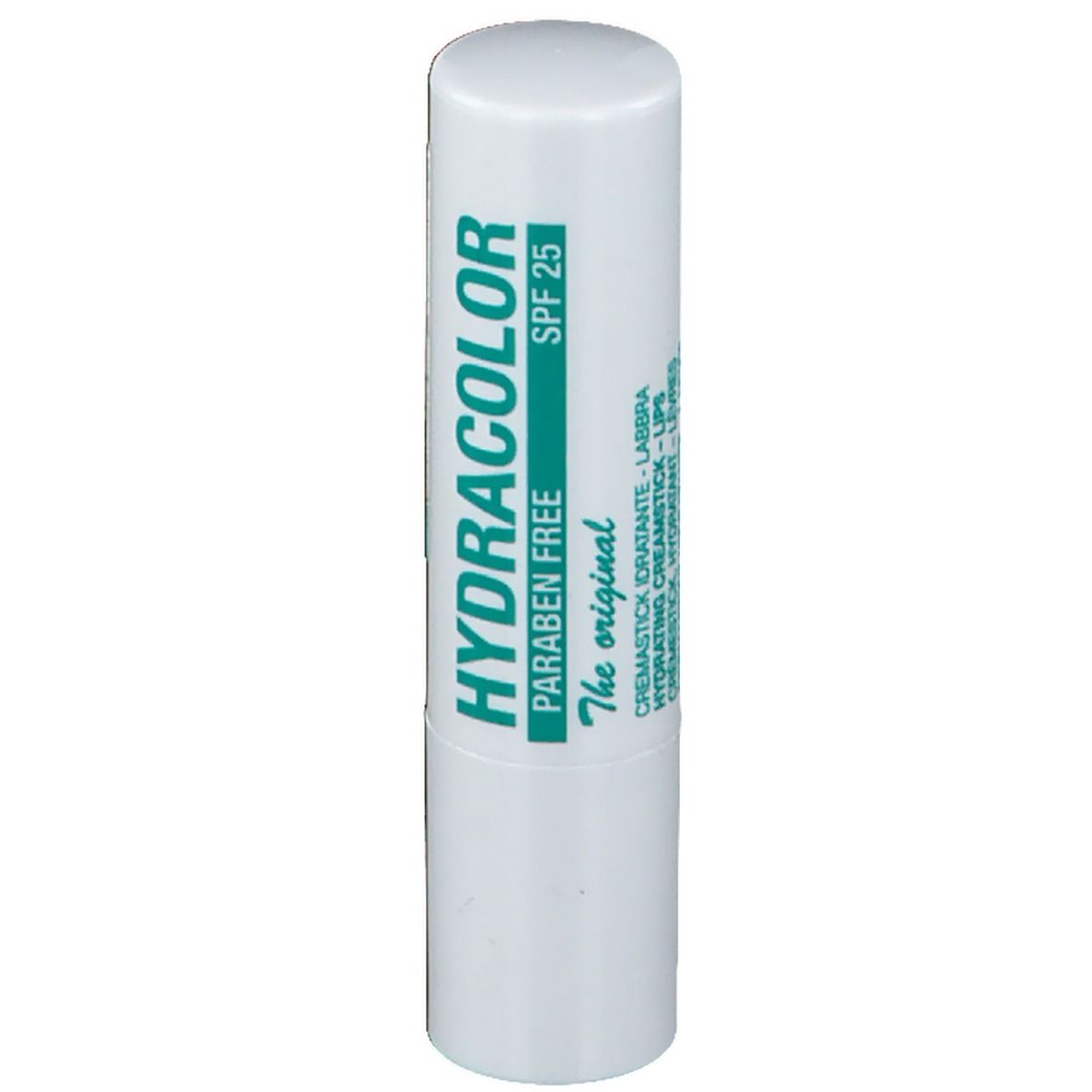 Stick à lèvres blanc avec texte vert. Inscription: HYDRACOLOR, PARABEN FREE, SPF 25. Texte en plusieurs langues.
