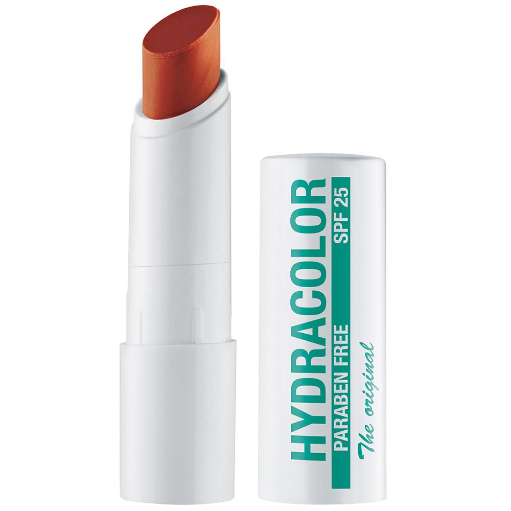 Lipverzorgingsstick, witte houder, geopend. Zichtbaar: terracotta lipverzorgingsstick. Opschrift: HYDRACOLOR, SPF 25.