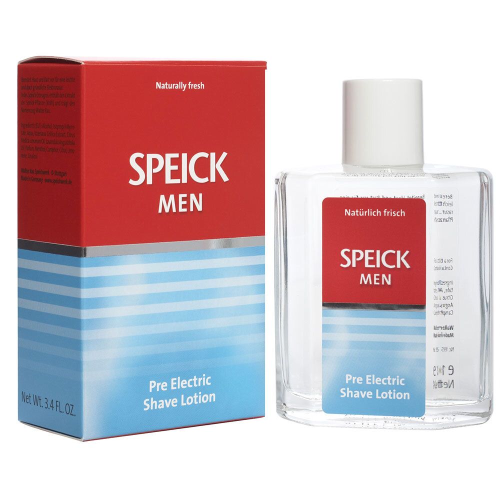 Lotion claire dans un flacon en verre rectangulaire avec un bouchon blanc. À côté, une boîte rouge et bleue avec des informations.