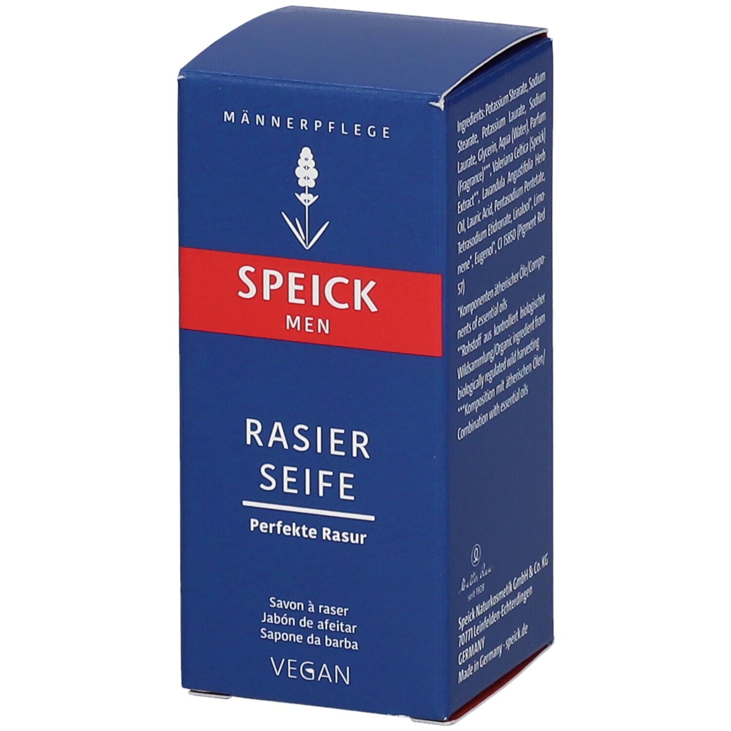 Boîte bleue SPEICK MEN Rasierseife. Bande rouge avec texte blanc. Label Vegan. Ingrédients et texte sur l'emballage.