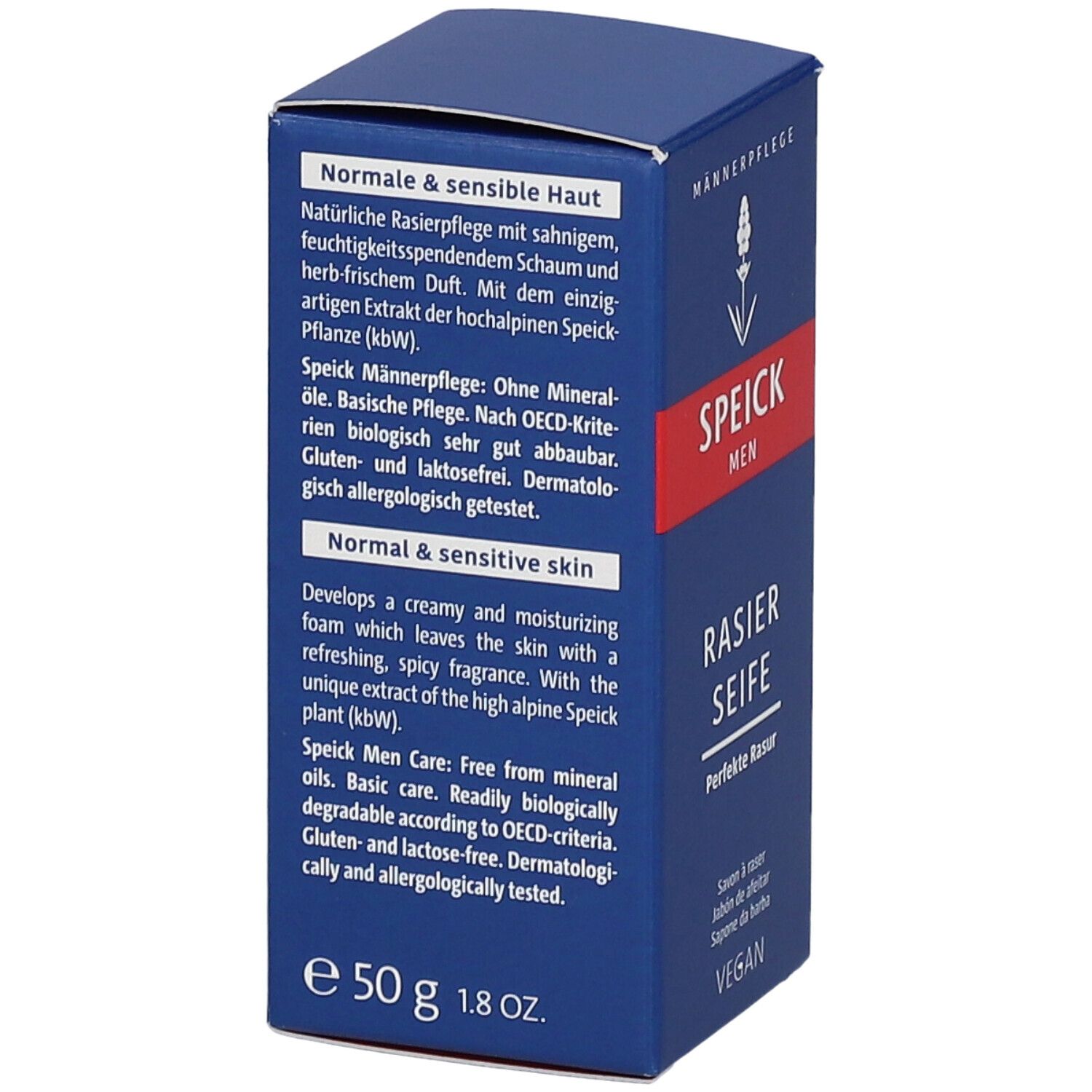 Boîte bleue SPEICK MEN Rasierseife. Texte sur les ingrédients et les propriétés. Sans gluten et lactose. Testé dermatologiquement. 50g.