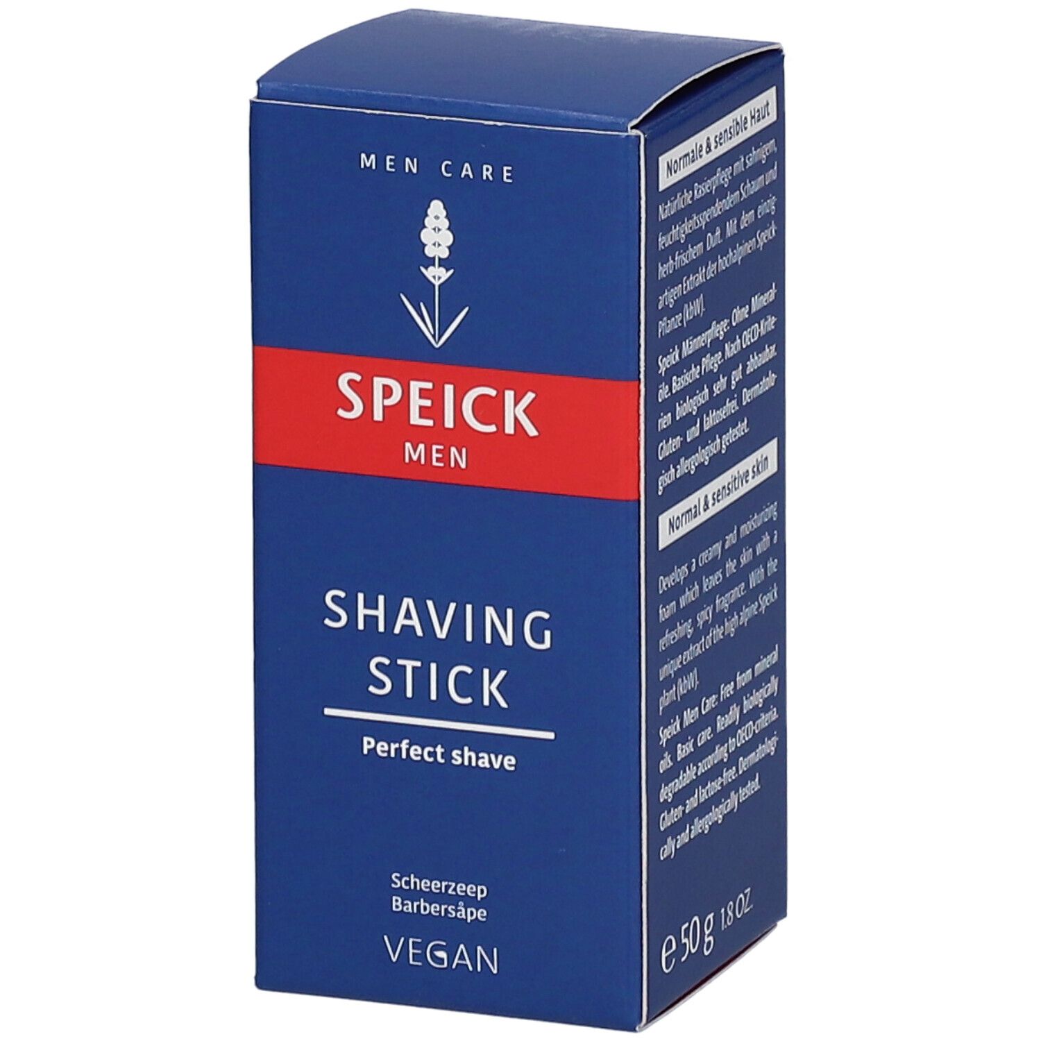 Boîte bleue SPEICK MEN Shaving Stick. Bande rouge avec texte blanc. Label Vegan. Texte sur les propriétés et les ingrédients.