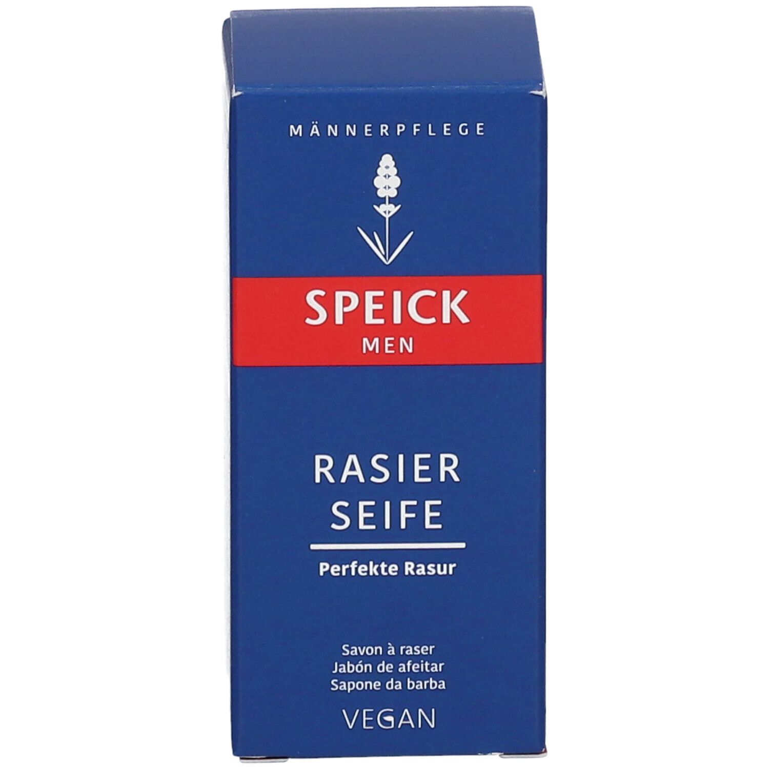 Boîte bleue SPEICK MEN Rasierseife. Bande rouge avec texte blanc. Label Vegan. Nom du produit et texte sur l'emballage.