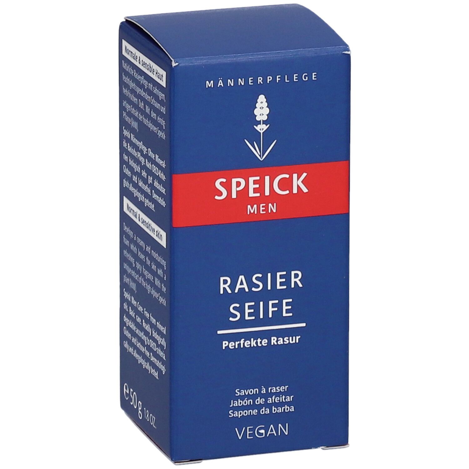 Boîte bleue SPEICK MEN Rasierseife. Bande rouge avec texte blanc. Label Vegan. Texte sur les propriétés et les ingrédients.