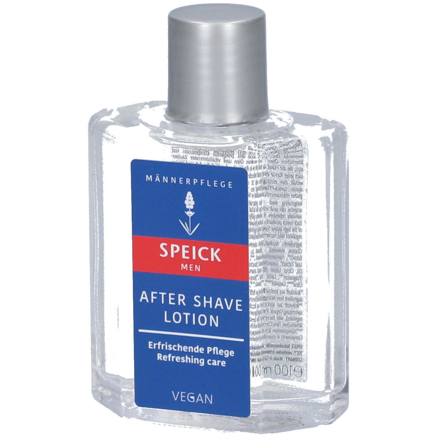 Flacon transparent avec bouchon argenté. Étiquette SPEICK, AFTER SHAVE LOTION. Vegan.