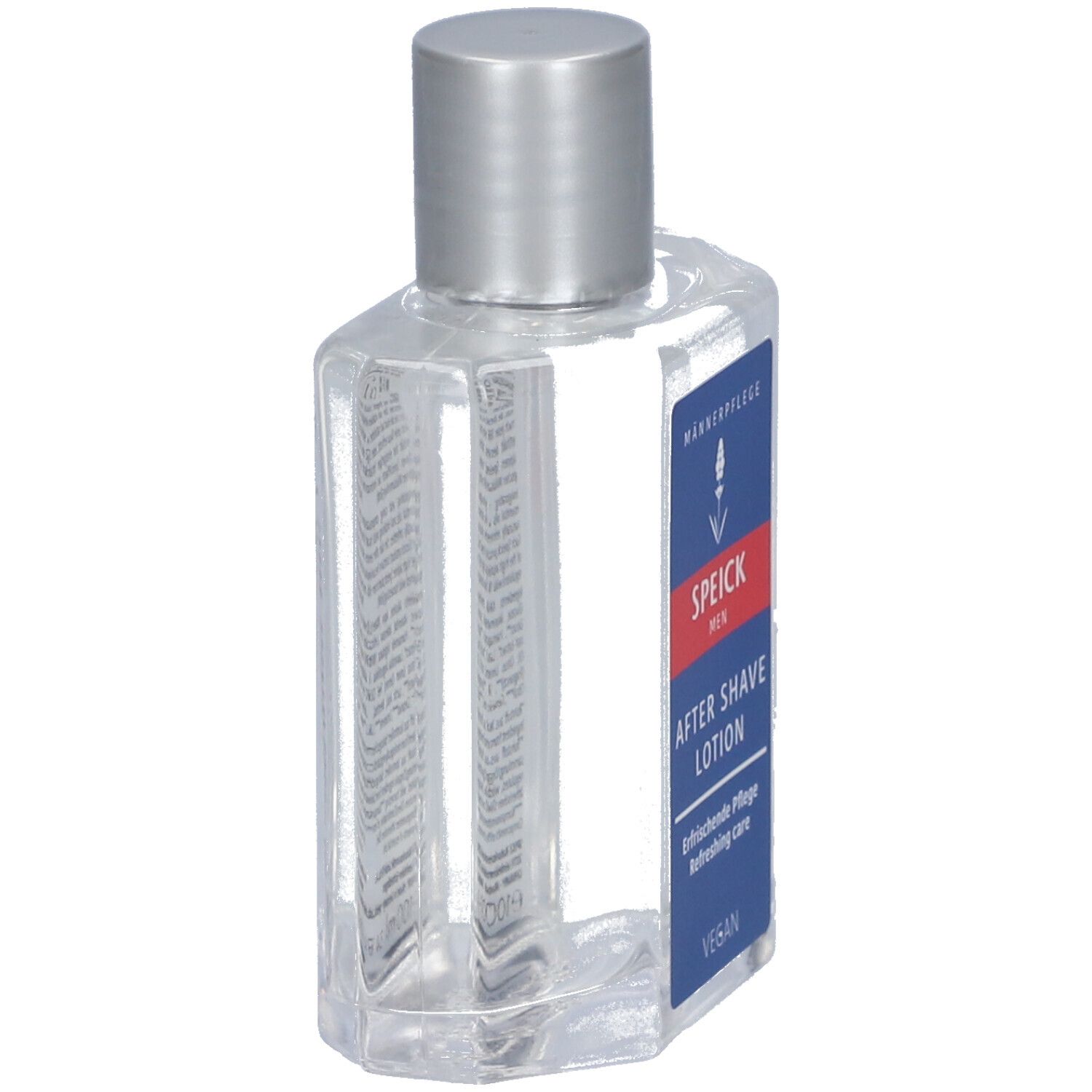 Flacon transparent avec bouchon argenté. Étiquette SPEICK, AFTER SHAVE LOTION. Vegan.